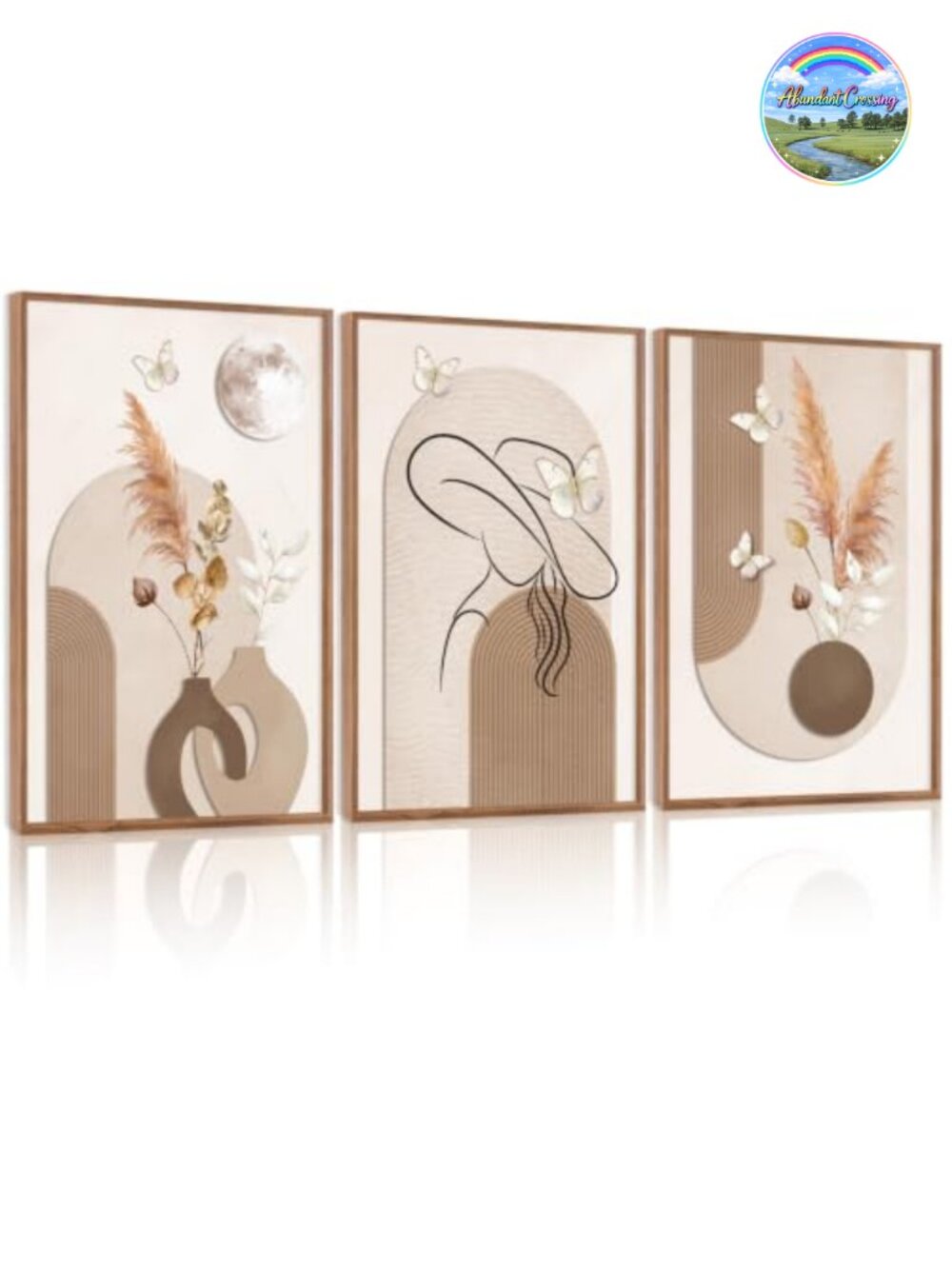 Boho Botanical Butterfly Framed Wall Art Set of 3 Neutral Minimalist Home Decor